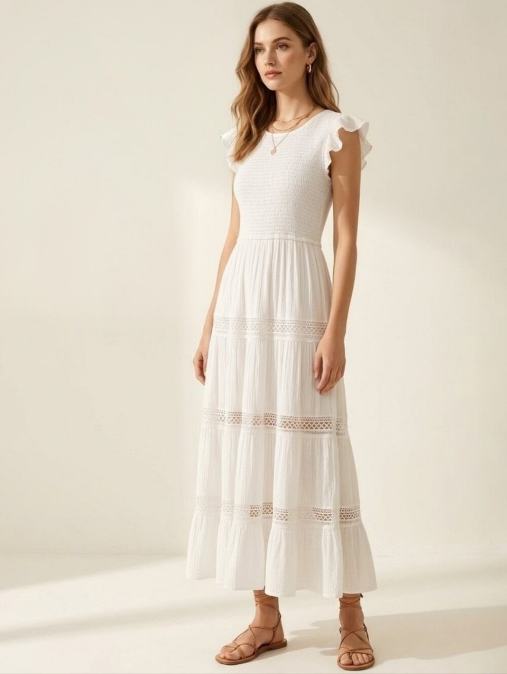 Moon Orchid Women's White Tiered Gauze Boho Maxi Dress Smocked Flowy Lined sz M